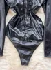 Nxy Winter Kordelzug PU Leder Bodysuits Frauen Reißverschluss Design Langarm Playsuits Mode Sexy Mantel Strampler 230328
