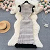 Casual Dresses Elegant Chic Stripe Ruffle Knit Dress French Sleeveless Party Gothic A-Line Vestidos High midje Basic Slim Women