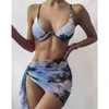 Women's Swimwear Xingqing Swimsuit Print Underwire Bra And Panties Wrap Skirt Three-Piece Suit For Swimming Beach Vacation Clothes