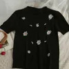 Women's T Shirts 2023 Summer Crewneck Floral Embroidery Women Sweater Pullover Short Sleeve Sticking Solid T-shirt Jumper Black White