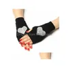 Five Fingers Gloves Women Girls Fingerless Gloves Fashion Rivet Rhinestone Flower Embroidery Black Warm Wool Knitted Half Fi Dhgarden Dhud9