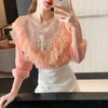 Blouses pour femmes Original Designer Printemps Mode Manches Bouffantes En Mousseline De Soie Slim Shirt Tops Femmes Col En V Diamants Dentelle Volants Chic Casual Mince