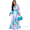 Women Maxi Dress Floral Printed Plus Size Long Sleeves V Neck Chiffon Loose Robe Dresses