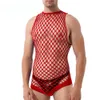 Sexy traje masculino lingerie sexy erótico masculino fishnet bodysuit oco para fora roupa interior malha sem mangas bandagem macacão cara festa noite clube wear