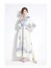 Robes décontractées de base 2024 Printemps Vacances Piste Maxi Robe Femmes Lanterne Manches Imprimé Floral Simple Boutonnage Taille Haute Ceinture Longue Fête Robes