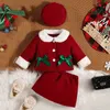 Kläder sätter 0-3Y Baby Christmas Outfits för flickor fleece krage ull kappjacka toppar och röda kjolar med hatt barn vinterdräkt för flickor 231110