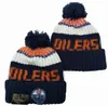 Bonés masculinos Oilers Gorros Edmonton Beanie Hats Todas as 32 equipes de malha com punhos Pom listrado lateral lã quente EUA College Sport Knit Hat Hockey Cap para mulheres