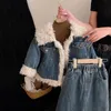 Kläder sätter barn Autumn Winter Jacketkläder Lammull Denim Cotton Coat Girls 'Loose avslappnad förtjockad denim kjol Julbutik 231110