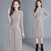 Vestidos casuais mulheres outono inverno moda sólida elegante vestido de gola alta para senhoras rendas manga longa camisola solta v40