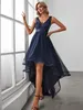 Elegant Evening Dresses Sleeveless High-Low V Neck Tulle Ever pretty of Prom Dresses with Navy Blue Sequin Appliques Gown