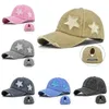 Ball Caps Womens Washed Cotton Baseball Cap Glitter Star Embroidery Vintage Distressed Messy High Bun Ponytail Hole Trucker Hat 230410