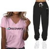 Tshirt Womens Discovery Womens Sportswear Summer Vneck Tshirt And calça TwoPiece Pink Print Fashion Casual Sports Jogging Suit 230411