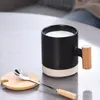 Tassen 360 ml Holzgriffbecher Keramik Kaffeetasse mit Deckel Löffel Tassen und Trinkgeschirr Original Frühstückstee Go