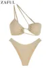 Kvinnors badkläder klippt ut bikini One Shoulder Baddräkt Strappy Shiny Cheeky Solid Two Piece High Bathing Suit Beachwear 230411