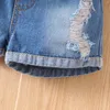 Kläder sätter sommarflickors set barns bomullsstrip mesh bubbla kort hylsa rippade denimshorts tvådelar flickor flickor