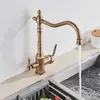 Kitchen Faucets Antique Brass Filter Faucet Drinking Pure Water Tap Deck Mounted Dual Handles 3Ways and Cold Mixer 230411