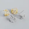 Boucles d'oreilles françaises légères de luxe en argent S925, Ins géométrique rétro à trois couches, nœud en bambou incrusté de diamant en forme de C