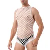 Sexy traje masculino lingerie sexy erótico masculino fishnet bodysuit oco para fora roupa interior malha sem mangas bandagem macacão cara festa noite clube wear