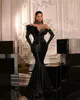 Stylish Black Mermaid Prom Dresses Sheer Neck High Ruched Party Dresses Crystals Rhinestones Lace Custom Made Evening Dress