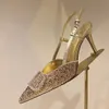 Sandálias elegantes de grife feminino salto alto sapatos de casamento com decoração de strass moda costas dedo do pé vazio pontiagudo 9cm salto agulha vestido sapato sexy