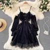 YuooMuoo ins Mode Vrouwen Prinses Zwarte Mini Jurk Off Schouders Hoge Taille Kant Patchwork Gothic Koreaanse Party Vestidos 220420263U