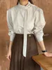 Camicette da donna Camicia con maniche a sbuffo autunnale stile coreano per donna 2023 Chic Mezza collo alto con lacci Tinta unita Vintage Casual Blusas