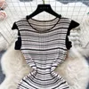 Casual Dresses Elegant Chic Stripe Ruffle Knit Dress French Sleeveless Party Gothic A-Line Vestidos High midje Basic Slim Women