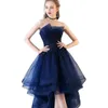 marineblauw hoog lage tule bescheiden prom -jurken mooie jurken boho off schouderbruidsmeisje jurk