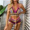 Swim Wear Crochet Bikini Sets Multi Color Knitted Rainbow Striped Off Shoulder Top Bottom Bikini Beachwear Bathing Suit Women Swimsuit 230411
