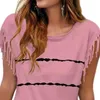 여자 T 셔츠 여성용 봄 여름 술 줄무늬 풀오버 티셔츠 레이디스 스포츠 짧은 슬리브 라운드 목 티셔츠 탑 FIR
