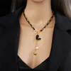 Chokers dieyuro 316L roestvrij staal zwart hart parel ball hanger ketting voor vrouwen modemeisjes ot clasp lederen ketting sieraden cadeau 230410