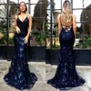 Abiti da festa personalizzati blu navy sfarzoso pizzo paillettes sirena prom sexy scollo a V profondo abiti da sera senza schienale abiti da festa