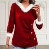 Women's Blouses Women Christmas Top Color Matching V Neck Pleated Lady Winter T-shirt Thick Loose Pullover Long Sleeve Fall