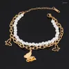 M4wl Bracelets porte-bonheur papillon Bracelet de perles inhabituelles pour femmes en acier inoxydable trèfle breloques chaîne Double couche bijoux