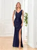 Xuibol Women Elegant Sexy Deep V-hals pailletten avondjurk luxe formele maxi lange prom blauwe spleet kralen cocktailjurk