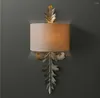 Vägglampa vintage bohemia europeisk stil järn silver acacia lämnar bas E14 -uttaget med vit tygskugga ljus