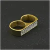 Bandringar Hip Hop Rhinestone Twofinger Ring för Mens Geometric Glossy Gold Plated rostfritt stål Simple Fashion Jewelry Dro Dhgarden OT3RORO