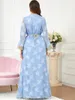 Etniska kläder Zigui Abaya Femme Muslim Dubai V Neck Belt Leaf Printing 2 Piece Set Womens Outfits Ladies Elegant Blue Chiffon Dress