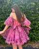 Print Floral Homecoming Dress 2k24 Hoco Ruffed Ballon Sleeves Sheer Corset Drama Graduation Cocktail Party Wedding Guest Holiday Club Black-Tie Gala Lilac Pink Blue