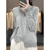 Women's Knits 23 Spring And Autumn Worsted Wool Knitted Cardigan Double Zipper Hooded Solid Color Coat Lloose Ccashmere Sweater