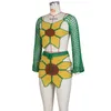 Zweiteiliges Kleid Handgehäkeltes Sonnenblumen-Strick-Zweiteiler-Sommer-Strandkleid für Damen mit langen Ärmeln und Spitze, rückenfrei, Crop-Top-Minirock 230410