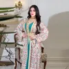 Ethnische Kleidung, muslimisches Kleid, Saudi-Dubai-Kleider, zweiteiliges Set, Abaya mit Gürtel, luxuriöse Diamanten, lange Ärmel, bezaubernde Robe, echtes Bild
