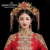 Hårklämmor Himstory Luxury Chinese Wedding Bride Crowns Pearl Beaded Flower Fjäril Huvudband Huvudstycke Tassel Tillbehör