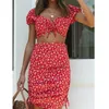 Two Piece Dress Two Piece Bohemian Womens Dress Summer Short Sleeve Crop Top Aline Ski Beach Holiday Red Flower Ski Sexy Set 230410