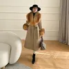 Women S Down Parkas 2023 Zimowe kobiety wełniane mieszanki wełny długi płaszcz prawdziwy czerwony futra mankiety z kołnierzem grubą kurtkę Tweed w kratę luksusowa kobieta 231110