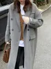 レディースウールブレンドZOKI冬の厚いオフィスレディロングコートエレガントなファッションフェイクジャケット女性シンプルな灰色のスリーブオールマッチアウトウェア231110