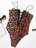 Women's Two Piece Pants Summer Trendy Women Deep V Neck Spaghetti Strap Leopard Print Lace Up Female Bodysuit Sexy Leotard Body Tops One Jum