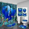 Cortinas de chuveiro 3d oceano design golfinho tecido impermeável cortina de banheiro conjunto azul anti-skid tapetes tampa de banheiro mat244c