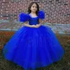 Flickaklänningar charmig kungblå blomma klänning barn lång tyll pärlor prinsessa födelsedagsfest bröllop rufsar första nattvards bollklänningar