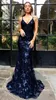 Abiti da festa personalizzati blu navy sfarzoso pizzo paillettes sirena prom sexy scollo a V profondo abiti da sera senza schienale abiti da festa